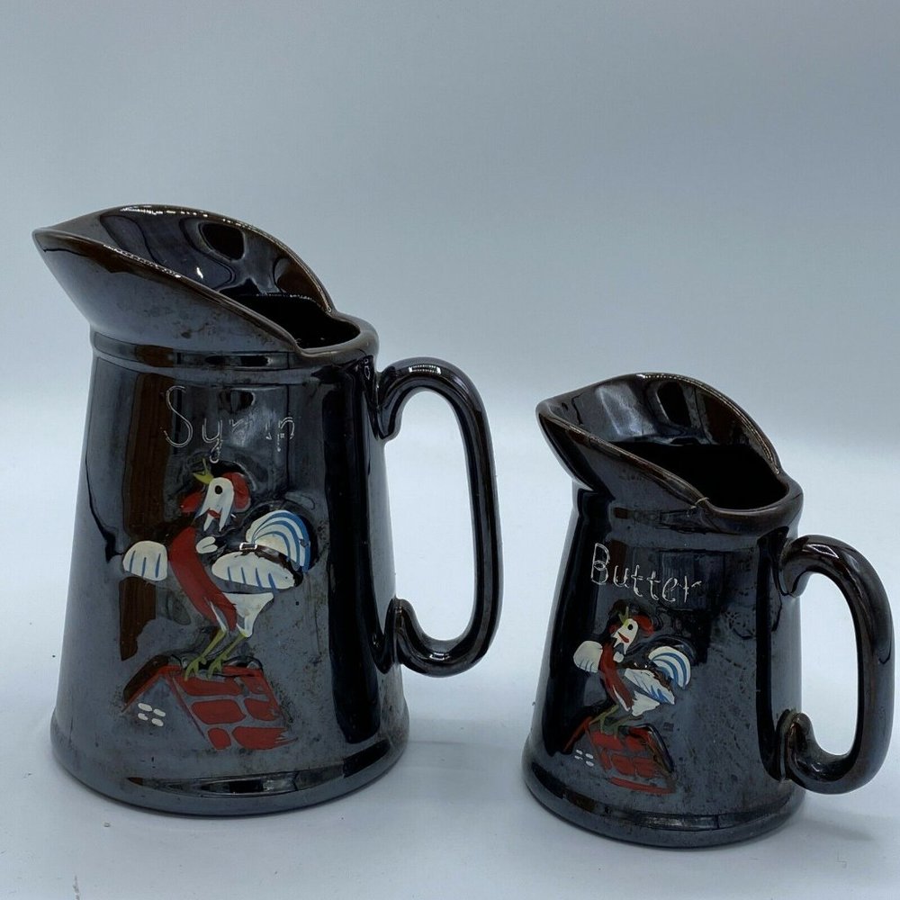 Vintage Redware set Butter & Syrup Embossed Rooster on a Roof Set